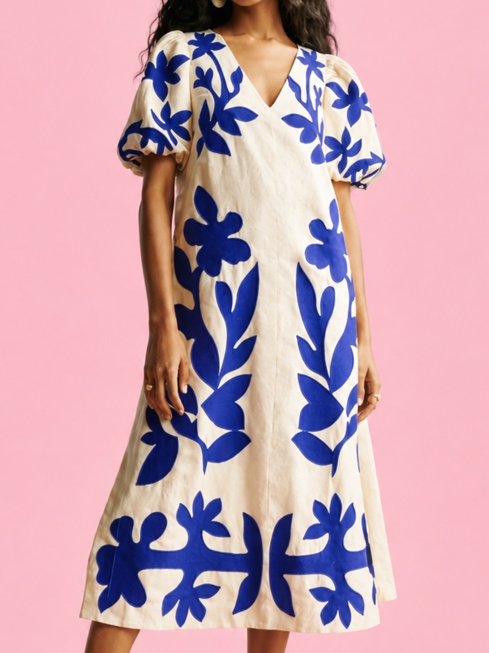 Magaschoni 100% Linen Blue Floral Puff Sleeve Midi Dress White M